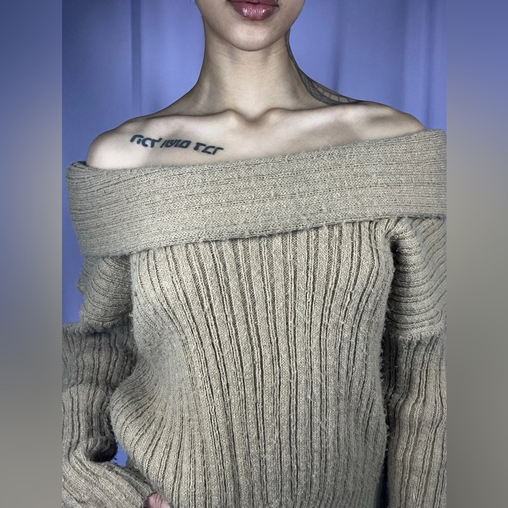 Beige Cable Knit Long Sleeve Cowl Neck Sweater Top Womens Size M/L Boho Casual